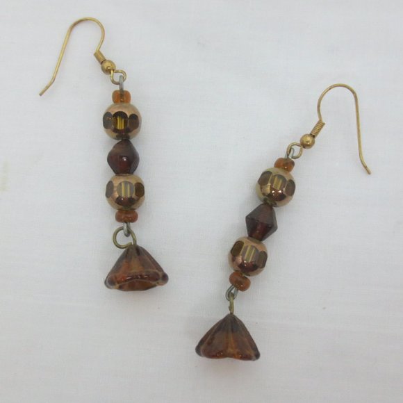New Brown & Amber Glass Floral Dangle Earrings - Picture 2 of 6